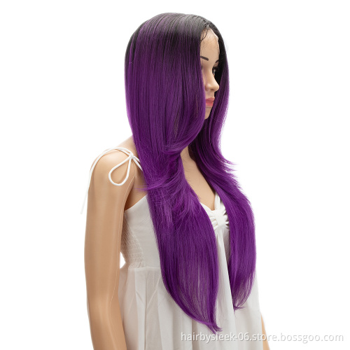 Purple Swiss T Lace Long Natural Hairline High Temperature Silky Straight Wave Lace Front Wigs Synthetic Hair Wigs For  Women